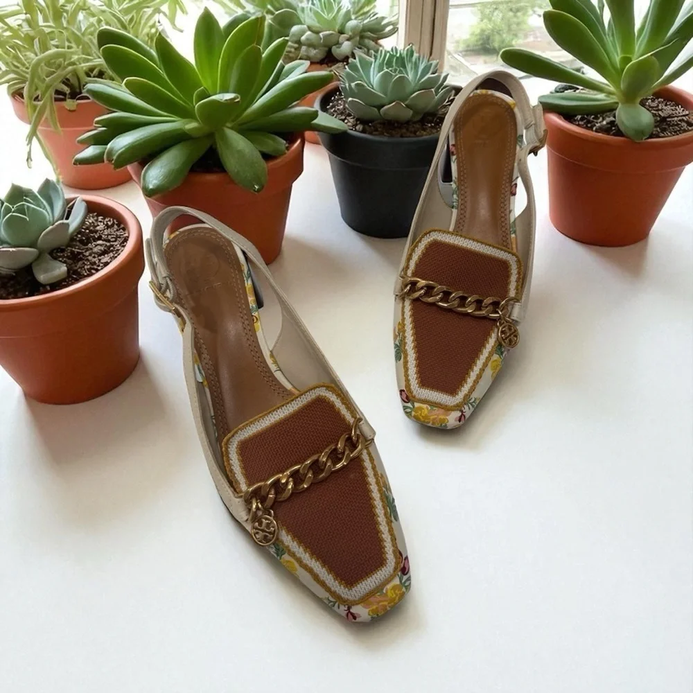 Tory Burch Mini Benton Charm Floral Chain-Embellished Slingback Heels size 6 M